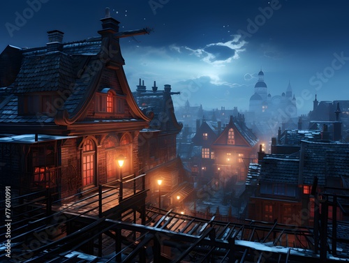 A panoramic view of the old town at night in winter.