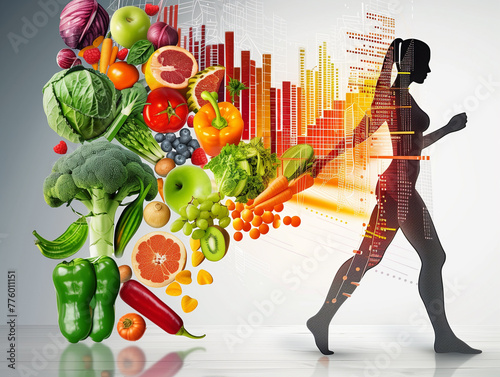 Infographics of fresh fruits and vegetables, silhouette of a city and silhouette of a girl walking. Visualization of metabolism, fat burning and healthy eating.