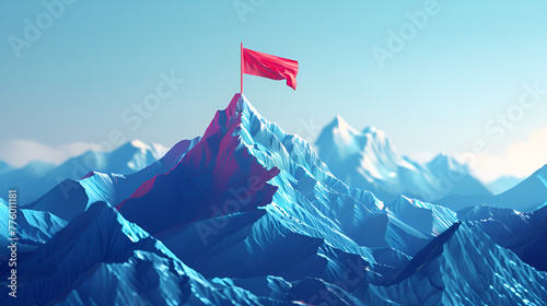 Abstract blue mountain with red flag on top success concept, generative Ai