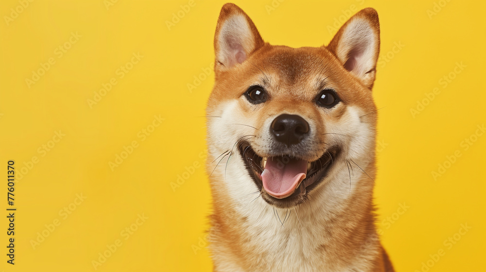 Happy Shiba Inu Dog with Tongue Out on Yellow Background