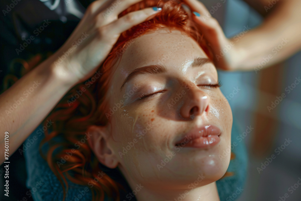 Beautiful woman having a head massage at a spa salon, close up view, high detail, ultra realistic photo Beautiful woman having a head massage at a spa salon, close up view, high detail, ultra realistic photo