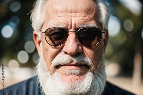 A close-up portrait of an elderly man with a gray beard and sunglasses, the wrinkled face of a happy elderly grandfather.