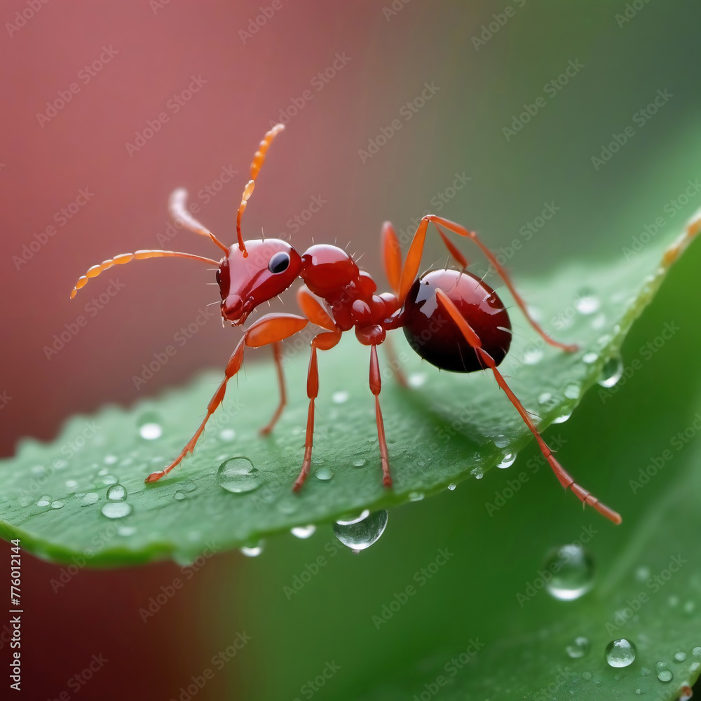 Ein Makro zeigt eine Ameise auf einem Blatt, umgeben von glitzernden Wassertropfen. Die winzige Kreatur wird von den klaren Tropfen umgeben, die eine faszinierende Szene der Natur darstellen. - obrazy, fototapety, plakaty 