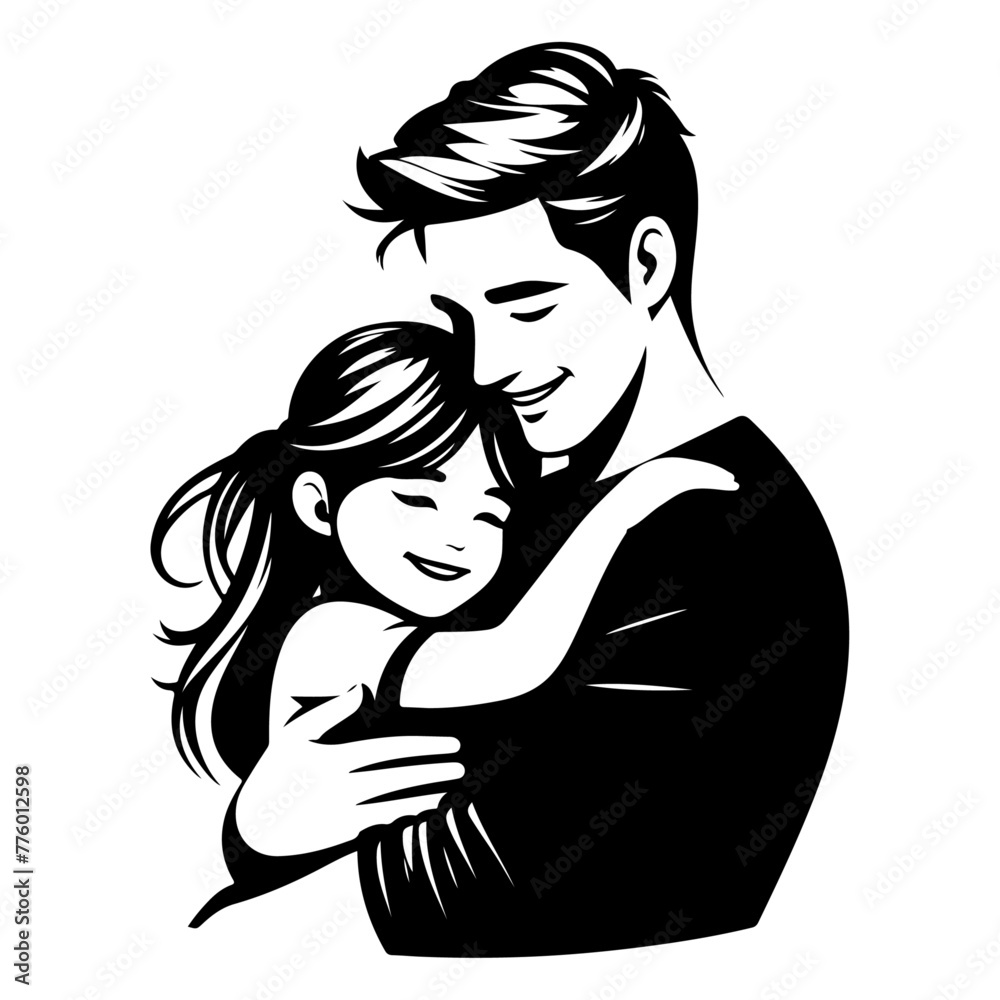 Children, father and daughter hug for love, trust or bonding together  black color silhouette 24