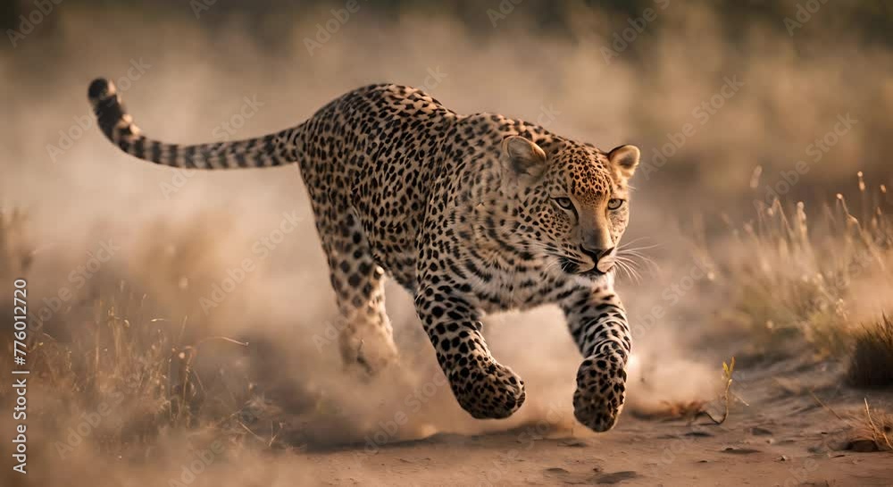 Leopard running in the savanna.