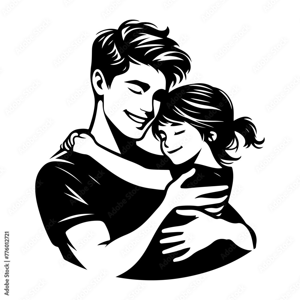 Children, father and daughter hug for love, trust or bonding together  black color silhouette 30