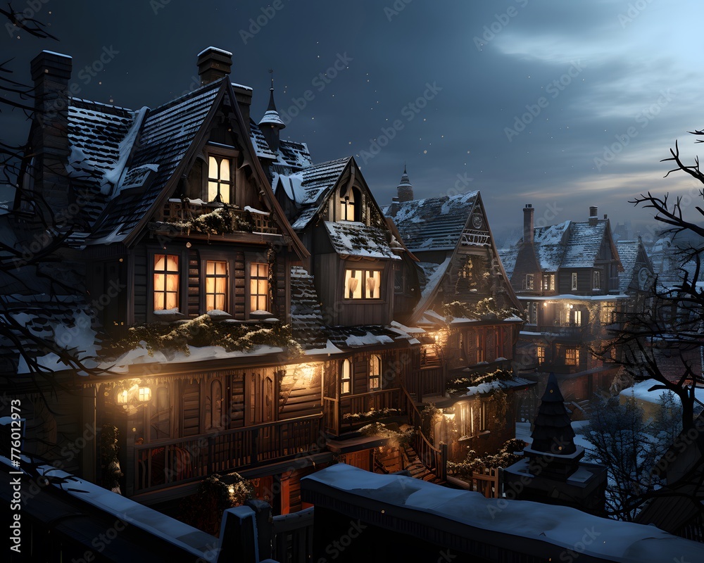 A panorama of a small village in the middle of a snowy night