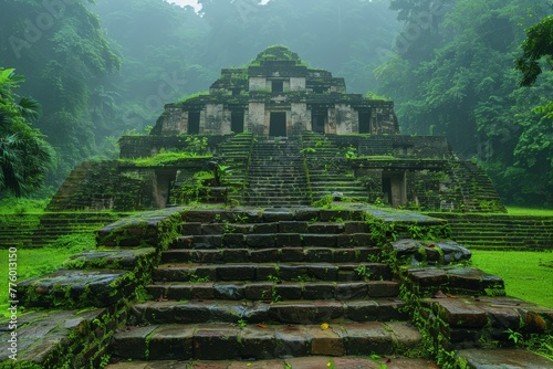 A mystical ancient Mayan pyramid surrounded by a dense, lush green forest, illustrating the grandeur of past civilizations and their architectural prowess photo