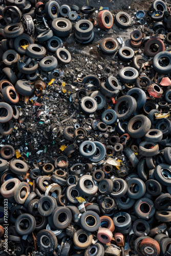 Aerial view of a tyre scrap yard  © grey