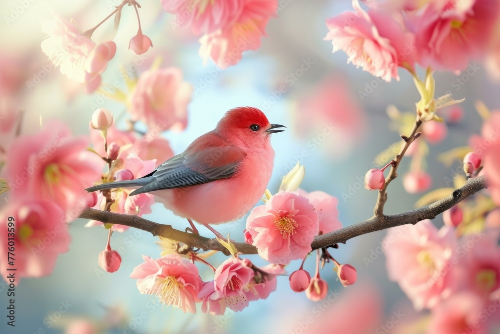 Vibrant Colorful bird on branch with pink flowers. Multicolored creature in blooming spring forest. Generate ai Vibrant Colorful bird on branch with pink flowers. Multicolored creature in blooming spring forest. Generate ai