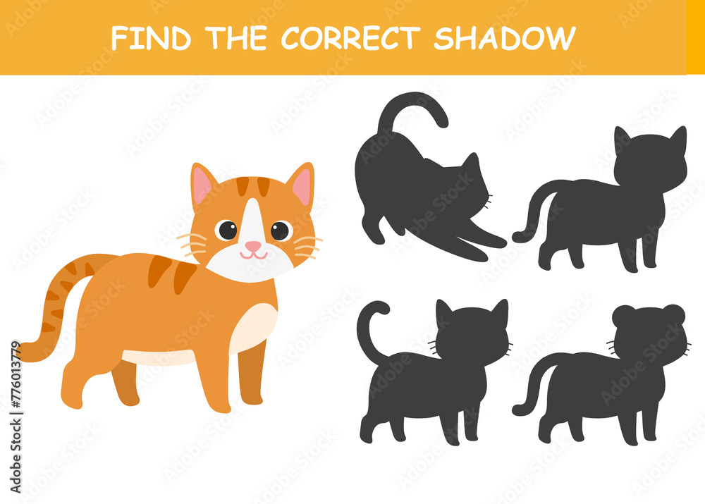 Shadow matching game for kids. Find the correct shadow. Educational game for children. Find and match the right shadow of cute cat.	