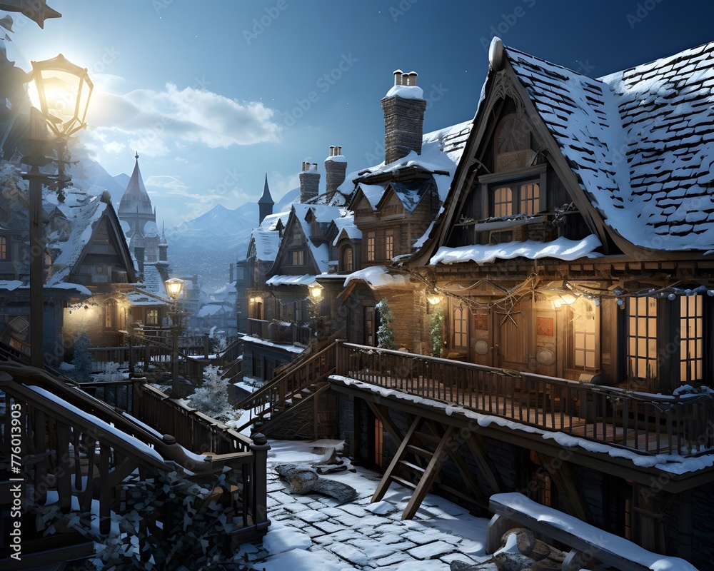 Snowy village at night. 3d rendering. High quality photo