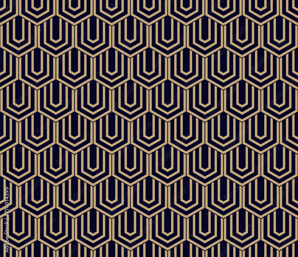 Vector golden geometric seamless pattern with hexagons, lines. Gold and black abstract minimal background with hexagonal grid. Simple luxury texture. Repeated geo design for decor, print, package Vector golden geometric seamless pattern with hexagons, lines. Gold and black abstract minimal background with hexagonal grid. Simple luxury texture. Repeated geo design for decor, print, package
