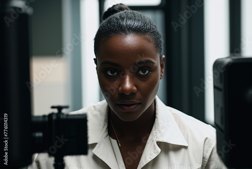 A close-up portrait of an African-American female investigator in the police office. There is a camera in the foreground.