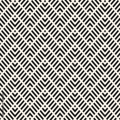 Geometric line seamless pattern. Vector chevron texture. Black and white zig zag stripes, grid, lattice, diagonal lines. Abstract minimal zigzag background. Simple geometry. Repeated decorative design