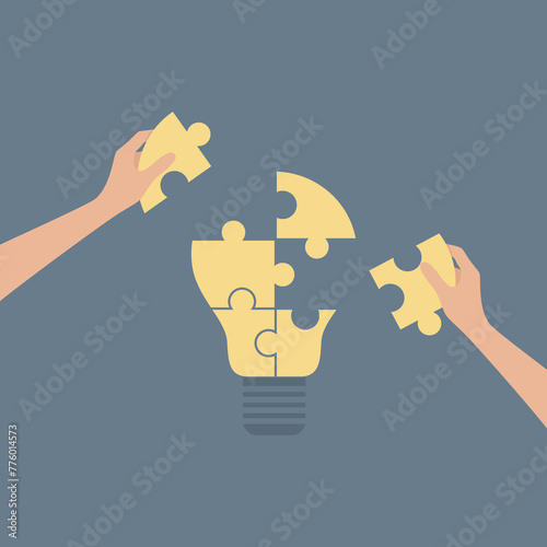 Two hands placing missing pieces on puzzle in the shape of a lamp. Vector illustration in flat style