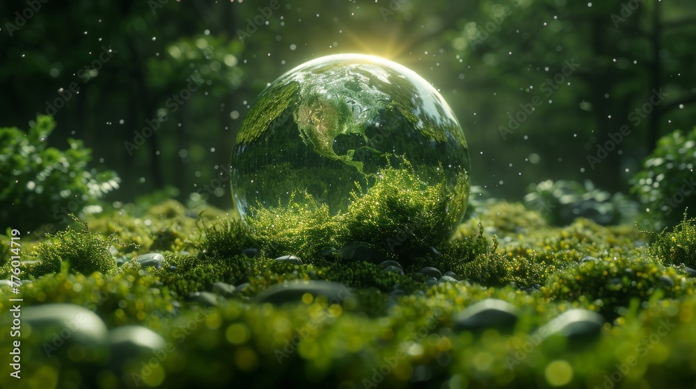 Concept of the environment, a glass globe in a grassy field