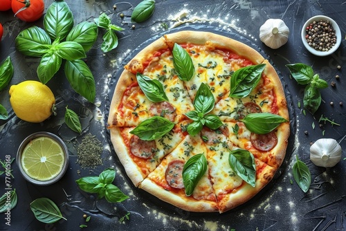 Delicious pizza with tomato sauce, melted cheese, italian sausage, and herbs on black background