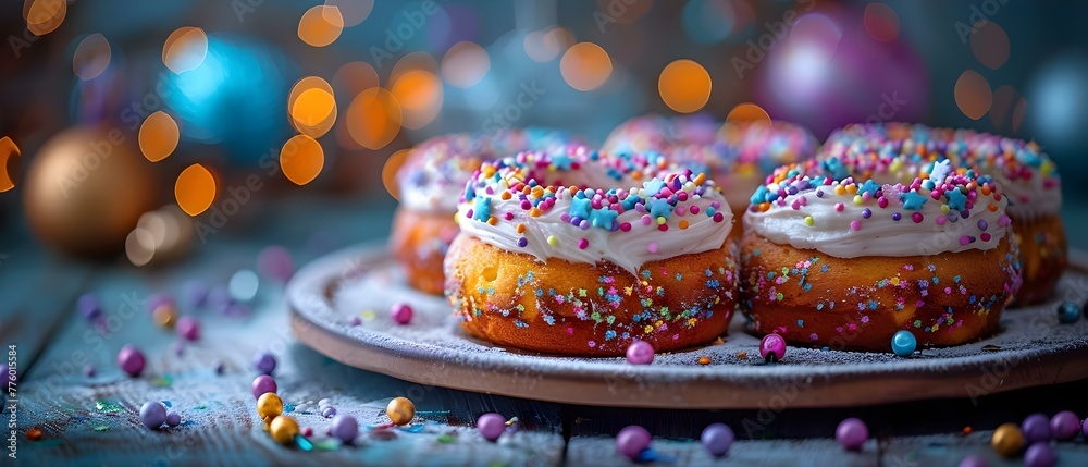 Colorful Mardi Gras king cake displayed on a lively table adorned with carnival decorations in vibrant blues and yellows. Concept Mardi Gras Celebration, King Cake, Carnival Decor Colorful Mardi Gras king cake displayed on a lively table adorned with carnival decorations in vibrant blues and yellows. Concept Mardi Gras Celebration, King Cake, Carnival Decor