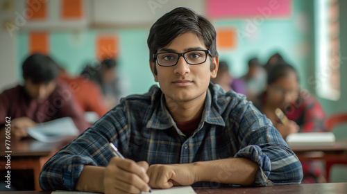a confident young Indian student with glasses takes his place behind a desk, his pen poised to capture knowledge in his notebook as he embraces the opportunity for intellectual growth and learning, 