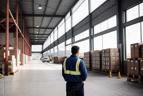 Men a professional warehouse worker in a protective vest stands with his back to the industrial warehouse of the factory. The goods are in cardboard boxes on the warehouse shelves.