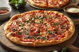 Gourmet italian pizza with tomato sauce, cheese, and sausage on black background
