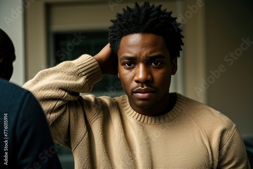 A close-up portrait of a sad young African American man at home in the evening.
