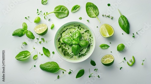 Wallpaper Mural Ingredients for green juice artistically arranged on a white surface with a bowl of juice Torontodigital.ca