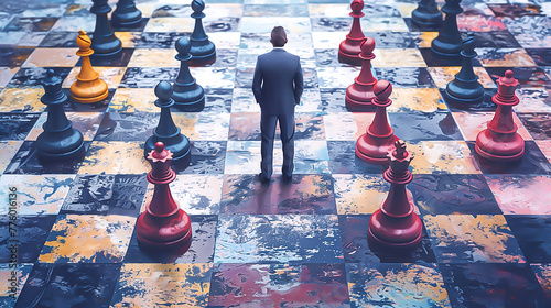 Strategic Business Moves: Businessman making a decisive move with a big chessboard, symbolizing strategic decision-making in business. photo
