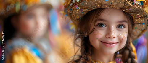 Children in Mardi Gras costumes embrace the festive spirit. Concept Mardi Gras Costumes, Children, Festive Spirit, Celebration, Joyful Moments