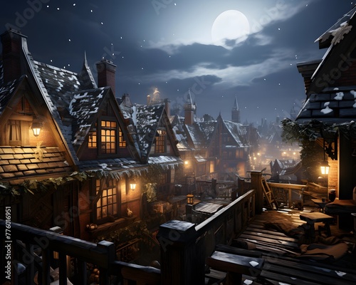 Night cityscape with wooden houses and moonlight. 3d rendering