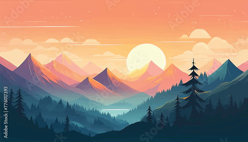 Scenic Sunrise Over Mountain Peaks: Flat Vector Landscape Illustration © Hogr