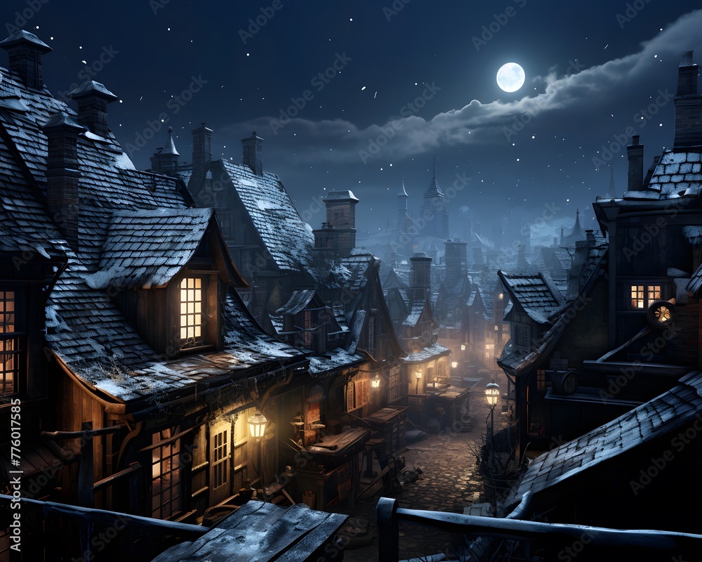 Night view of the old town in the moonlight. 3d rendering