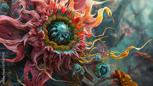 Surrealist painting with vibrant flowers, inspired by the Lowbrow art movement