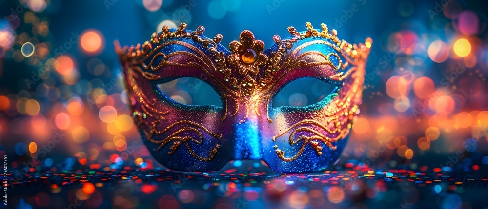 Naklejka premium Colorful Mardi Gras mask with glitter bokeh city lights in background Perfect for carnival party celebration. Concept Mardi Gras Inspired Photoshoot, Glitter Bokeh City Lights