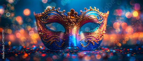 Colorful Mardi Gras mask with glitter bokeh city lights in background Perfect for carnival party celebration. Concept Mardi Gras Inspired Photoshoot, Glitter Bokeh City Lights photo