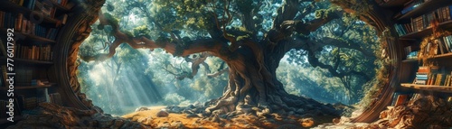 Imagine a majestic ancient tree with a large hollow trunk that contains a complex maze of books and shelves, creating a mystical and enchanting environment in a fantasy world. photo