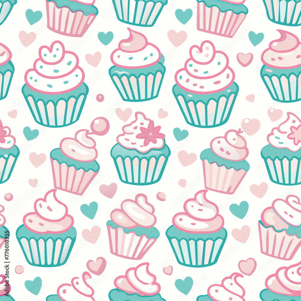 A variety of stylized cupcakes with different toppings and designs are arranged in a repeating pattern, interspersed with small hearts in varying shades of pink and teal. A variety of stylized cupcakes with different toppings and designs are arranged in a repeating pattern, interspersed with small hearts in varying shades of pink and teal.