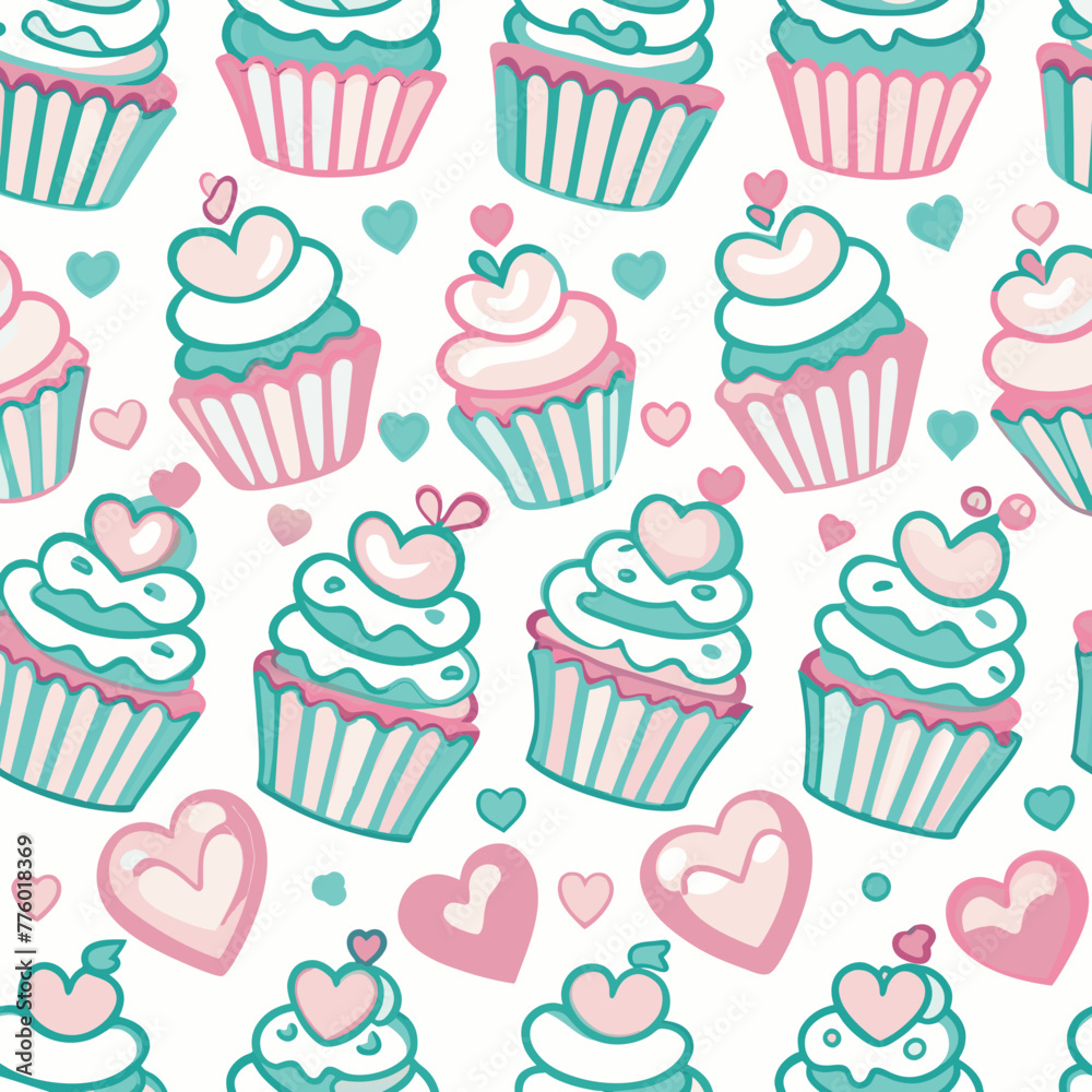 A variety of stylized cupcakes with different toppings and designs are arranged in a repeating pattern, interspersed with small hearts in varying shades of pink and teal. A variety of stylized cupcakes with different toppings and designs are arranged in a repeating pattern, interspersed with small hearts in varying shades of pink and teal.