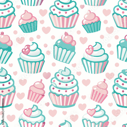 A variety of stylized cupcakes with different toppings and designs are arranged in a repeating pattern, interspersed with small hearts in varying shades of pink and teal.