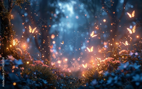 Create a dazzling 3D visualization of an enchanting magical forest at dusk featuring glowing flora and sparkling fairy dust floating around.