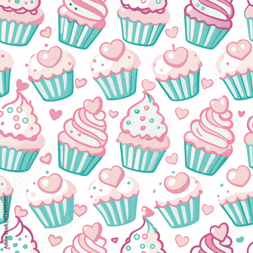 A variety of stylized cupcakes with different toppings and designs are arranged in a repeating pattern  interspersed with small hearts in varying shades of pink and teal.