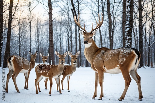 A flock of beautiful spotted deer in a snowy winter forest. Wild winter nature, wild deer in their natural habitat. A family of deer.