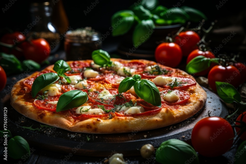 Delicious pizza with tomato sauce, melted cheese, sausage slices, and herbs on black background