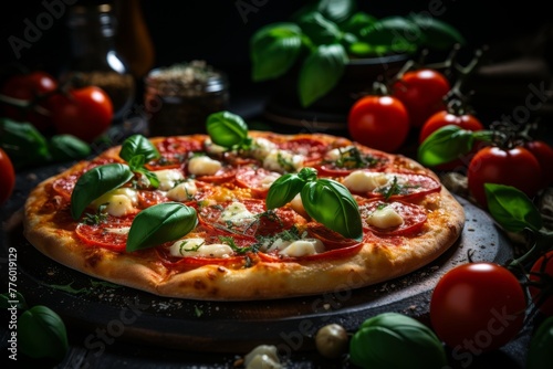 Delicious pizza with tomato sauce, melted cheese, sausage slices, and herbs on black background