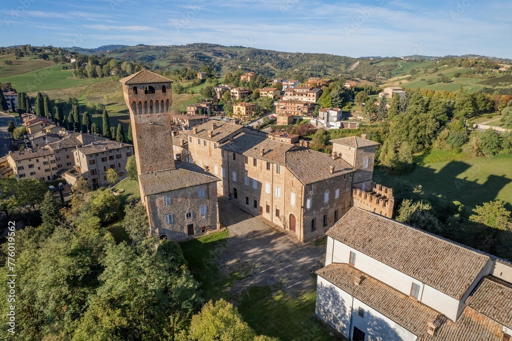 Top view of Castello di Levizzano Rangone among green vines in Emilia Romagna Region in Italy