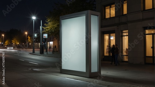 Blank white mock up of vertical light box in a bus stop at night