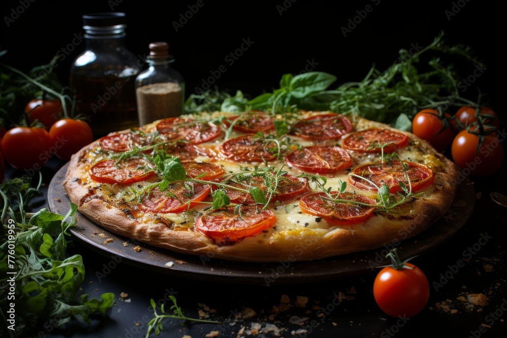 Delicious italian sausage pizza with melted cheese and aromatic herbs on elegant black background