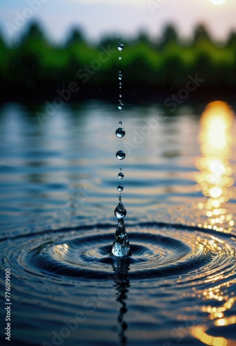 A single water droplet delicately rests upon the surface of still water