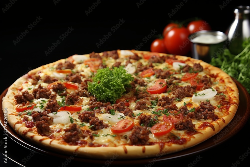 Pizza with tomatoes, cheese, sausage, and herbs on elegant black background for food photography